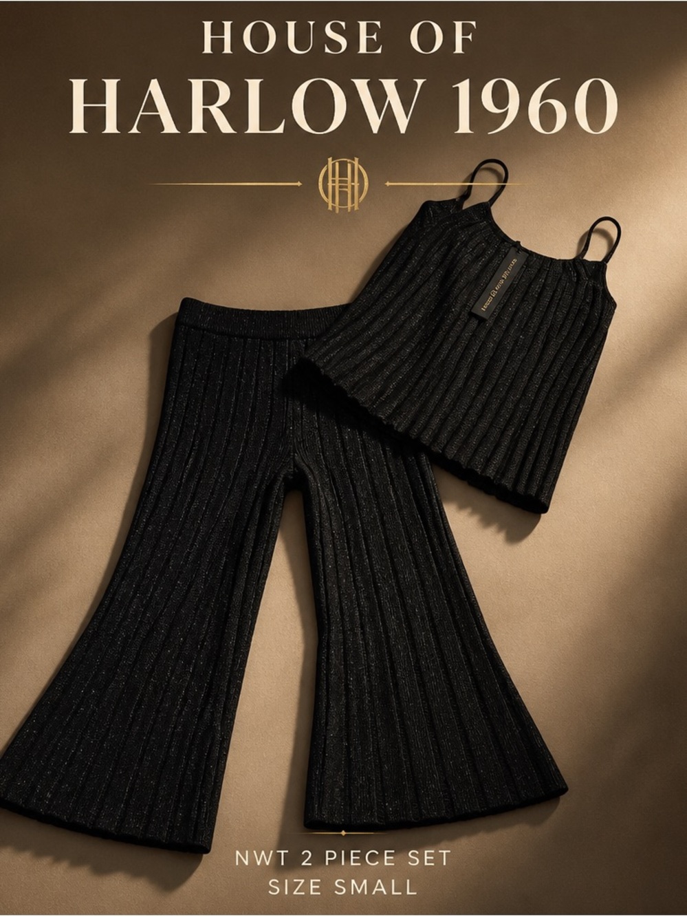 NWT House of Harlow 1960 Black Ribbed Flare Pant & Cropped Cami Set sz Small